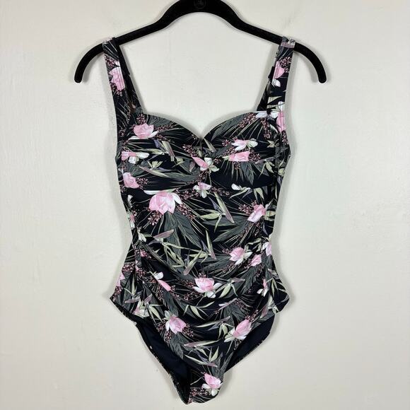 Niptuck Black Pink Floral Print Padded Full Coverage One Piece Swimsuit - Picture 1 of 10